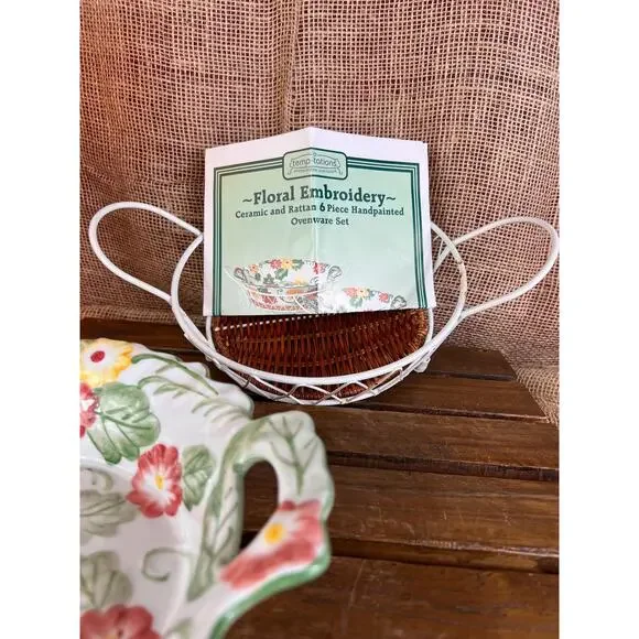 Temp-tations Tara Floral Casserole Dish Metal Stand Holder/Trivet Rattan Insert - Picture 4 of 10